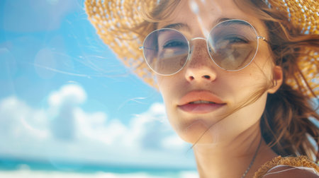A close-up portrait of a young woman wearing sunglasses and a straw hat, standing on a beach on a sunny summer day.の素材