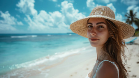 A young woman smiles as she enjoys a summer beach vacation, wearing a straw hat and a white top.の素材