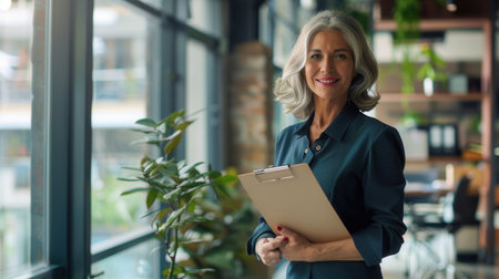 A confident middle-aged businesswoman in a corporate office stands and smiles at the camera while holding a clipboard.の素材