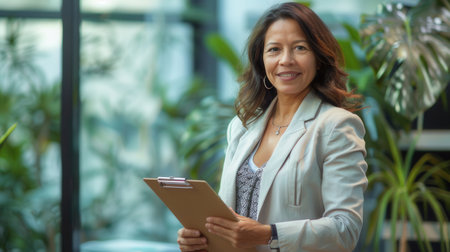A smiling, middle-aged businesswoman stands in an office holding a clipboard and looking at the camera.の素材