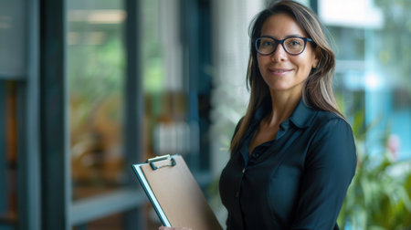 Portrait of a smiling mature businesswoman standing in an office holding a clipboard.の素材