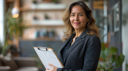 A happy, mature businesswoman stands in an office holding a clipboard and looking directly at the camera.の素材