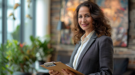 A smiling, middle-aged businesswoman stands in her office, holding a clipboard and looking at the camera.の素材