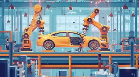A modern car assembly line showcasing robots and workers collaborating to assemble a vehicle.の素材