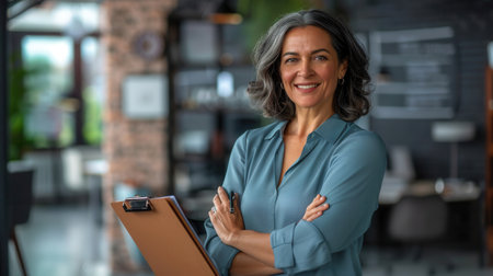 A happy 45-year-old businesswoman stands in her office, holding a clipboard and looking confidently at the camera.の素材
