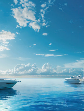 A picturesque scene showcasing two yachts peacefully anchored in the vast blue ocean under a bright, sunny sky.の素材