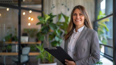 A happy, middle-aged businesswoman stands confidently in an office holding a clipboard and looking at the camera.の素材