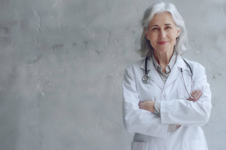 An elderly female doctor, wearing a white coat and stethoscope, stands with her arms crossed against a light gray concrete wall. She smiles as she looks directly at the camera.の素材