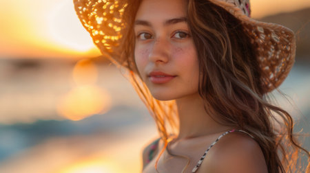 Portrait of a young woman wearing a straw hat and smiling at the camera on a beach during a summer sunset.の素材