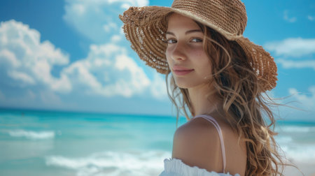 A young woman wearing a straw hat smiles while enjoying a sunny day at the beach.の素材