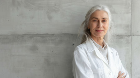 A smiling elderly female doctor in a white coat stands against a light gray concrete wall.の素材