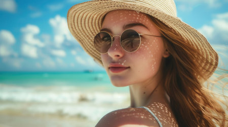 A young woman in a straw hat and sunglasses looks at the camera while standing on a beach.の素材