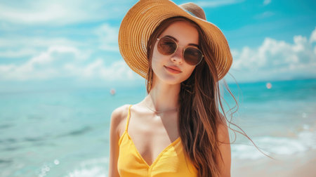 A young woman poses for a photo wearing sunglasses and a straw hat at the beach on a sunny summer day.の素材