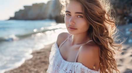 A portrait of a young woman with long brown hair, standing on a sandy beach with ocean waves in the background, during a summer day.の素材