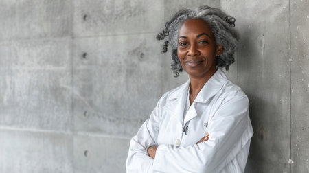 An elderly female doctor stands against a light gray concrete wall, arms crossed, smiling at the camera. Her gray hair is pulled back, and she is wearing a white lab coat.の素材