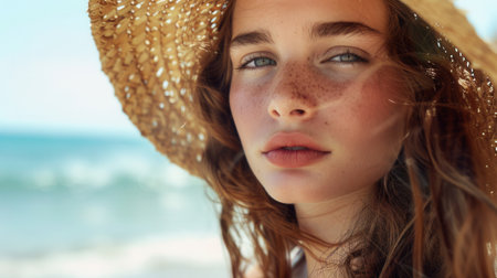 A young woman wearing a straw hat on a summer beach with a gentle breeze blowing through her hair.の素材