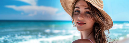A young woman wearing a straw hat smiles while looking back at the camera, enjoying a sunny day at the beach.の素材
