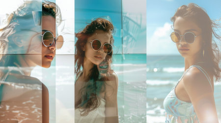 A young woman wearing sunglasses enjoys a summer day at the beach. The image is split into multiple panels, each with a different angle of the woman.の素材