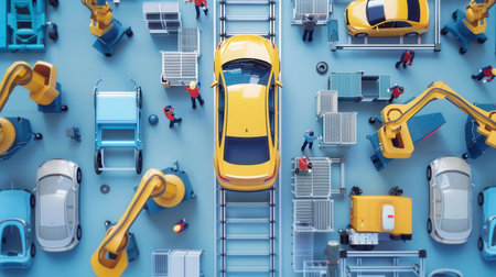 A top-down view of a bustling automotive assembly line. Workers and robotic arms collaborated to assemble cars, showcasing modern manufacturing technology.の素材