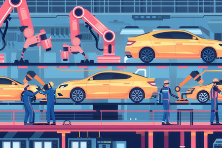 A busy car factory with robotic arms and workers collaborating to assemble new cars. The image showcases the integration of technology and human expertise in modern manufacturing.の素材