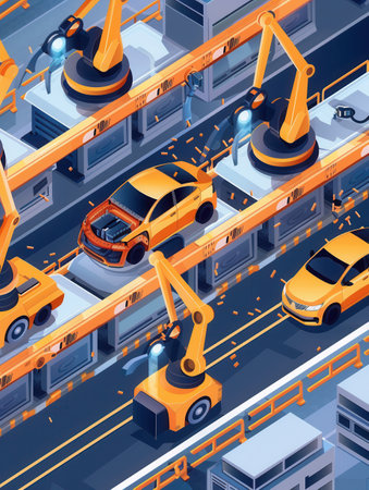 A vibrant illustration depicting a modern car assembly line, showing the seamless integration of robots and human workers in the manufacturing process.の素材