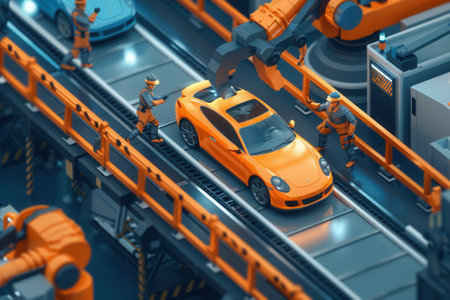 A scene of robots alongside workers on an automotive assembly line, highlighting state-of-the-art technologies in car manufacturing.の素材