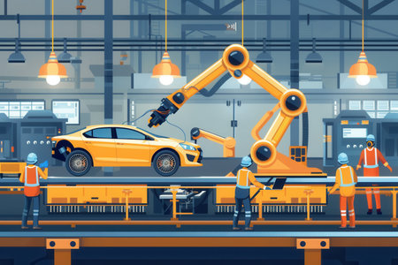 An illustration depicting a dynamic car assembly line with robotic arms and workers collaborating to assemble a yellow car.の素材