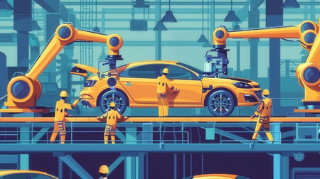 An illustration depicting a modern car assembly line, showcasing robots and human workers collaborating to assemble vehicles.の素材