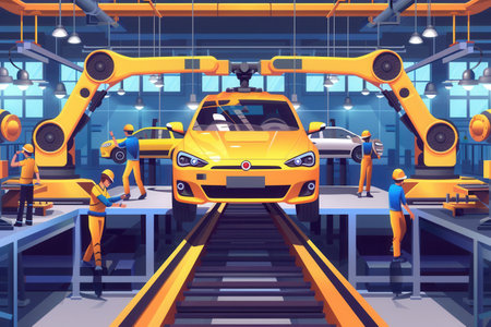 A dynamic illustration showcasing a modern car assembly line with workers and robots collaborating to assemble vehicles.の素材
