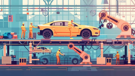 An illustration of a dynamic car assembly line with workers and robots working together to assemble cars.の素材