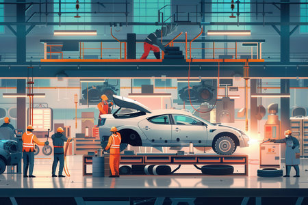 A team of skilled workers assemble and weld a car body in a busy automotive body shop.の素材