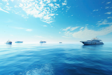 Several sleek yachts navigate the vast, blue ocean under a bright, clear sky.の素材