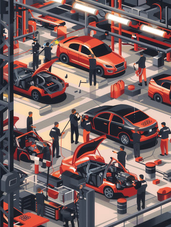 A bustling automotive body shop with workers welding, assembling, and working on car bodies.の素材