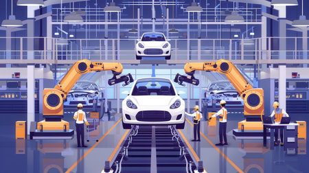A digital illustration showcasing a modern automotive assembly line. Robots and workers collaborated to assemble cars on a moving conveyor belt.の素材