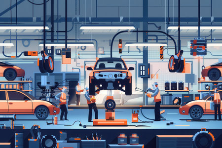 A bustling body shop with workers welding and assembling car bodies.の素材