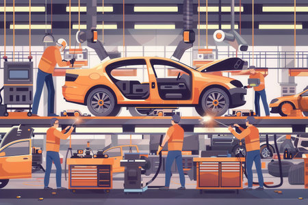 A busy automotive factory scene with workers welding and assembling car bodies.の素材