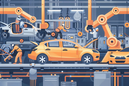 An illustration of a modern car assembly line featuring workers and robotic arms collaborating to build vehicles.の素材