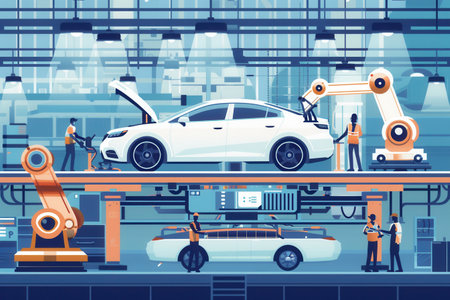 An illustration depicting a bustling car assembly line featuring workers and robots collaborating on the manufacturing of automobiles.の素材