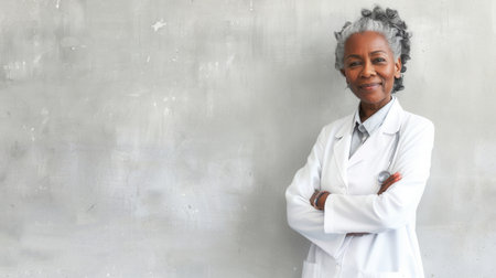 Portrait of a confident, smiling, elderly female doctor wearing a white coat, standing in front of a gray concrete wall.の素材