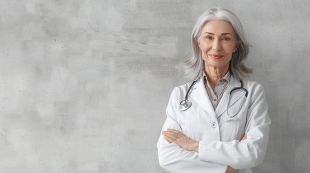 An elderly female doctor with gray hair pulled back, wearing a white coat and stethoscope, smiles at the camera with her arms crossed against a light gray concrete wall.の素材