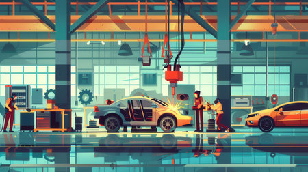 Illustration of workers assembling a car body in a modern body shop.の素材