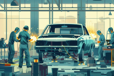 A group of workers in a shop weld and assemble a car body.の素材