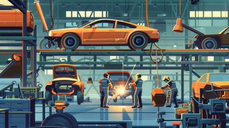 A bustling body shop with workers welding and assembling car bodies. Perfect for manufacturers of body parts and welding equipment.の素材