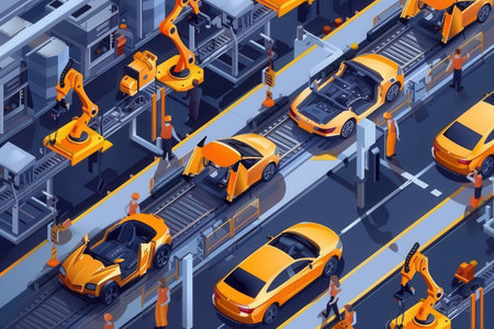 Illustration of workers and robots on a modern car assembly line showing technological advancements in car manufacturing.の素材