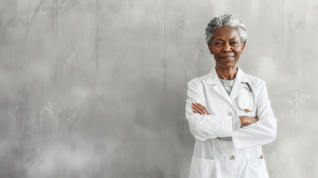 Portrait of an elderly female doctor standing in front of a gray concrete wall. She is wearing a white coat and has her arms crossed. She is smiling and looking at the camera.の素材