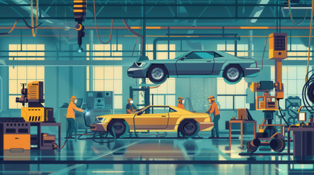 An illustration of automotive body shop workers assembling car bodies, showing the technical and industrial nature of the process.の素材