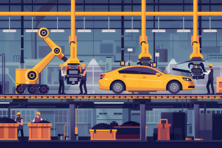 A vibrant illustration depicting a car assembly line with workers and robotic arms collaborating to build vehicles. This dynamic image showcases modern industrial technology.の素材