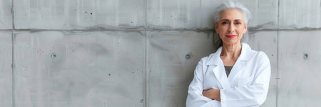A smiling elderly female doctor in a white lab coat stands against a light gray concrete wall with her arms crossed.の素材