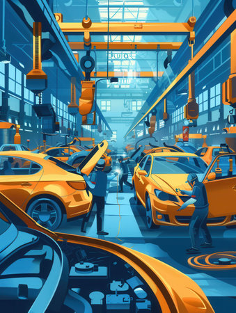 Workers assembling car bodies in a busy automotive body shop.の素材