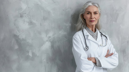 A smiling elderly female doctor in a white coat stands against a light gray concrete wall, her gray hair pulled back.の素材